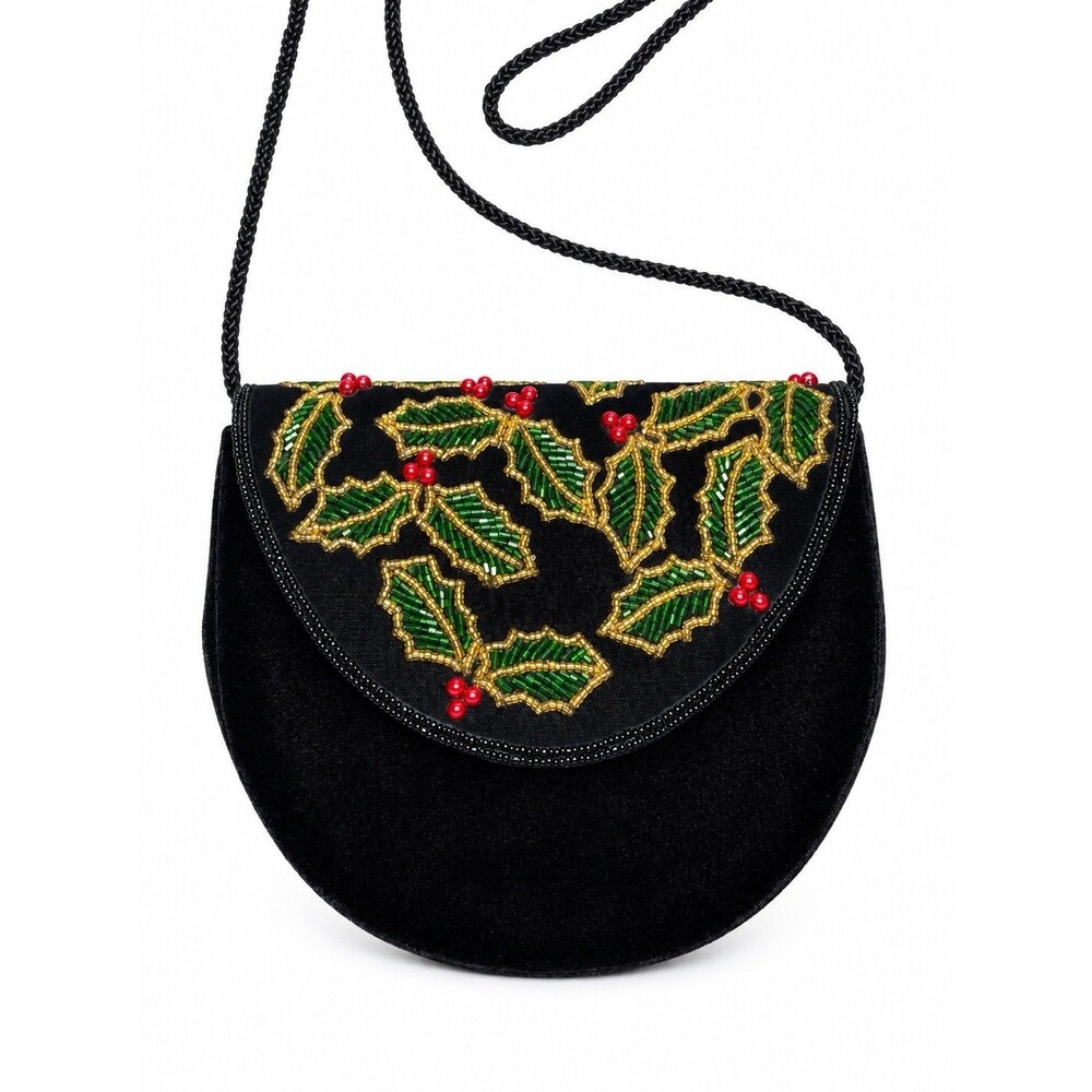 Beaded Holly Christmas Black Velvet Crossbody Evening Bag Holiday Purse Vintage
